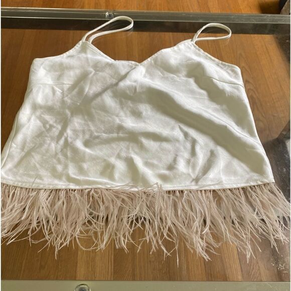 White silk/poly spaghetti strap Cami w/ feathers. V front & back size small - Picture 2 of 12